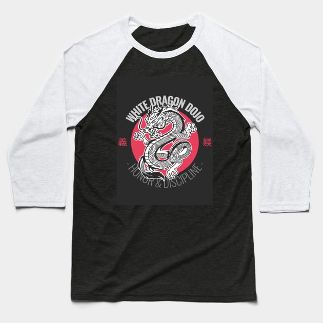 White Dragon Dojo Baseball T-Shirt by AladdinHub